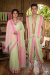 Traditional Handloom Couple Set in Green with Self Line and Magenta Dobby Border