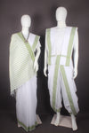 Traditional Handloom Couple Set in White with Self Striped and Green Dobby Border