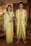 Traditional Handloom Couple Set in Yellow with Self Line and Green Dobby Border