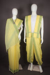 Traditional Handloom Couple Set in Yellow with Self Line and Green Dobby Border