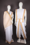 Traditional Handloom Couple Set in White with Self Line and Mustard Yellow Dobby Border