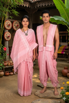 Traditional Handloom Couple Set in Pink with White Dobby Border
