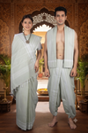 Traditional Handloom Couple Set in Light Sage Green and White Dobby Border