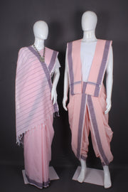 Traditional Handloom Joda Set in Baby Pink with Blue Dobby Border