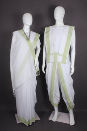 Traditional Handloom Joda Set in White with Sea Green Dobby Border