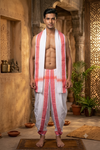 White Dobby Dhoti Dupatta with Magenta and Red Border