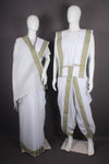 Traditional Handloom Couple Set in White with Green Dobby Border