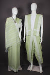 Traditional Handloom Couple Set in Pista Green with White Dobby Border