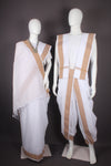 Traditional Handloom Couple Set in White with Brown Dobby Border