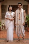 Traditional Handloom Couple Set in White with Brown Dobby Border