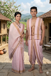 Traditional Handloom Couple Set in Peach with Brown Dobby Border