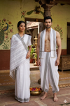 Traditional Handloom Couple Set in White with Mahedi Dobby Border
