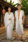 Traditional Handloom Couple Set in White with Light Green Dobby Border