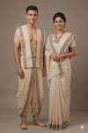 Traditional Handloom Couple Set in Cream with Green Dobby Border