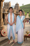 Traditional Handloom Couple Set in White with Sky Blue Dobby Border