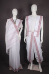 Traditional Handloom Couple Set in White with Brown Dobby Border
