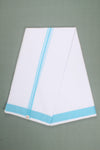 White Dhoti Dupatta with Sky Blue Dobby Border
