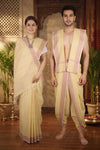 Traditional Handloom Couple Set in Yellow and Onion Dobby Border