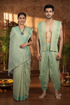 Traditional Handloom Couple Set in Sage Green and Green Dobby Border