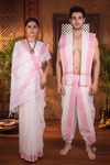 Traditional Handloom Couple Set in White and Pink Dobby Border