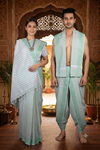Traditional Handloom Couple Set in Light Sage Green and Green Dobby Border