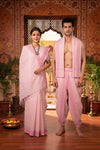 Traditional Handloom Couple Set in Peach and Pink Dobby Border
