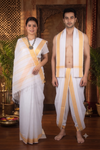 Traditional Handloom Couple Set in White and Pink Mustard Yellow Border