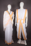 Traditional Handloom Couple Set in White and Pink Mustard Yellow Border