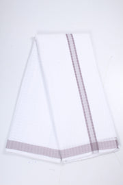 White Self Striped Check Dhoti Dupatta with Purple Border