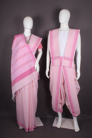 Traditional Handloom Joda Set in Baby Pink Self Line Base with Peach Striped Border