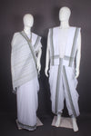 Traditional Handloom Joda Set in White Self Check with Gray Striped Border
