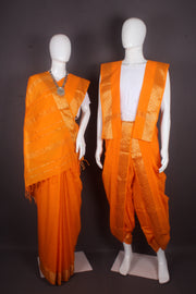 Traditional Handloom Joda Set in Orange with Goldan Zari Dobby Border