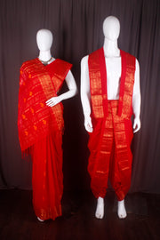 Traditional Handloom Joda Set in Ferrari Red with Goldan Zari Dobby Border