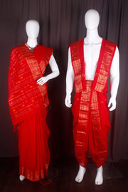 Traditional Handloom Joda Set in Ferrari Red with Goldan Zari Dobby Border