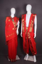 Traditional Handloom Joda Set in Scarlet Red with Goldan Zari Dobby Border