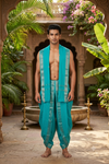 Blue Dobby Dhoti Dupatta with Golden Zari Border and Butis