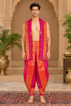 Magenta Dobby Dhoti Dupatta with Red and Golden Zari Border, Checks and Butis