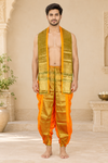 Yellow Dobby Dhoti Dupatta with Green and Golden Zari Border