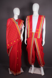 Traditional Handloom Joda Set in Red with Buti and Multi color Border