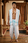 White Dhoti Dupatta with Blue Border and Butis