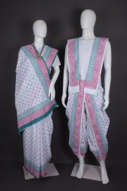 Traditional Handloom Joda Set in Pristine White with Pink and Green Sanganeri Hand Block Print