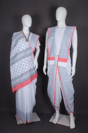 Traditional Handloom Joda Set in White Saganeri Block Print