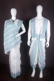 Traditional Handloom Joda Set in White Saganeri Block Printed