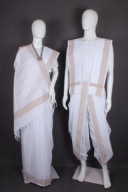 Traditional Handloom Joda Set in White with Brown Border