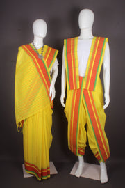 Traditional Handloom Joda Set in Lemon Yellow with Yellow, Green and Red Border