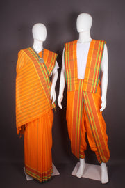 Traditional Handloom Joda Set in Orange with Yellow, Green and Red Border