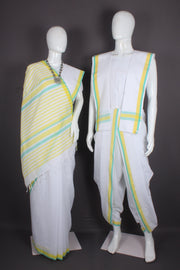 Traditional Handloom Joda Set in White with Yellow, Sky Blue Border