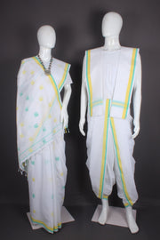 Traditional Handloom Joda Set in White with Yellow, Sky Blue Border