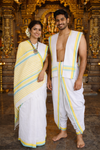 Traditional Handloom Joda Set in White with Yellow, Sky Blue Border
