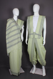 Traditional Handloom Joda Set in Sage Green with olive Green Dobby Border